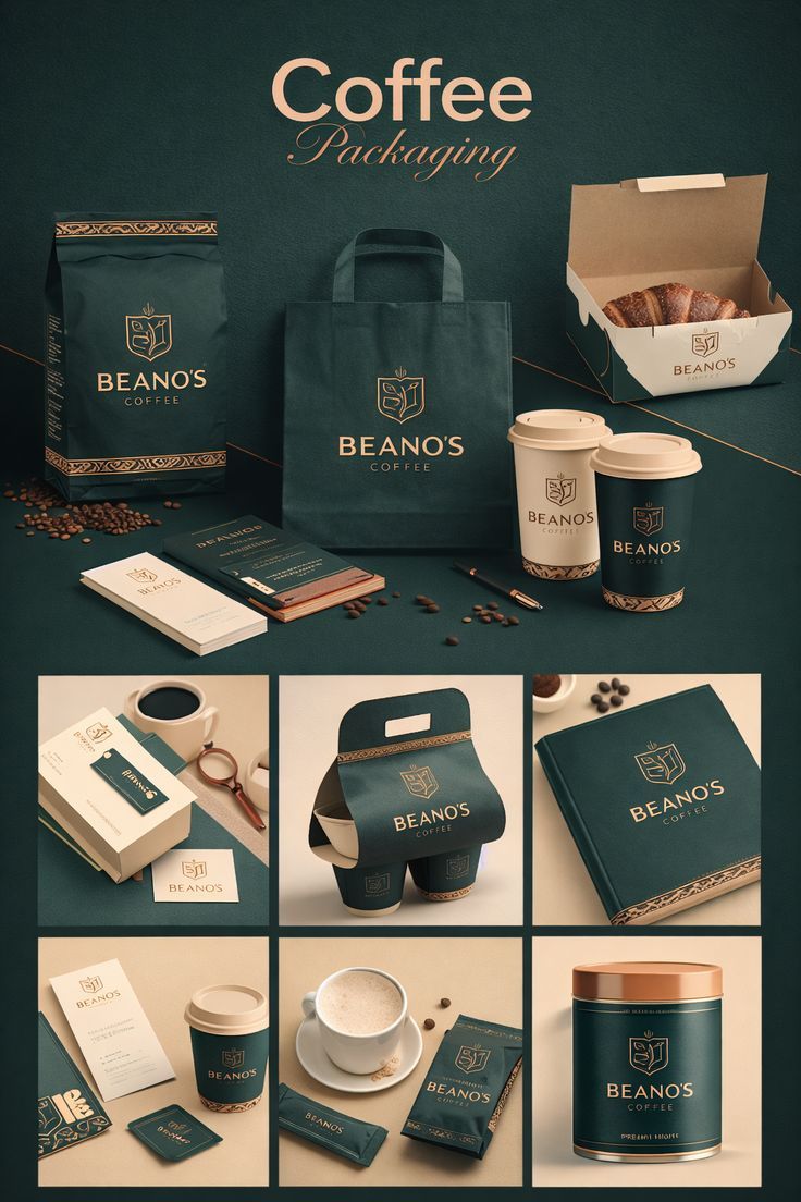 Coffee brand identity applied across packaging and printed materials