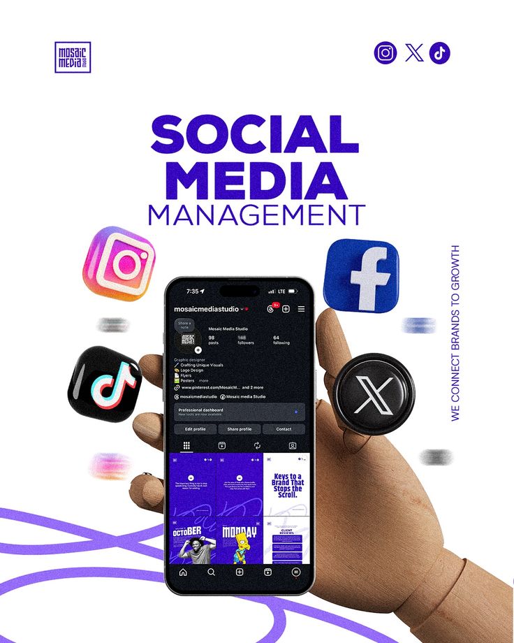 Social media management campaign with mobile content and platform icons